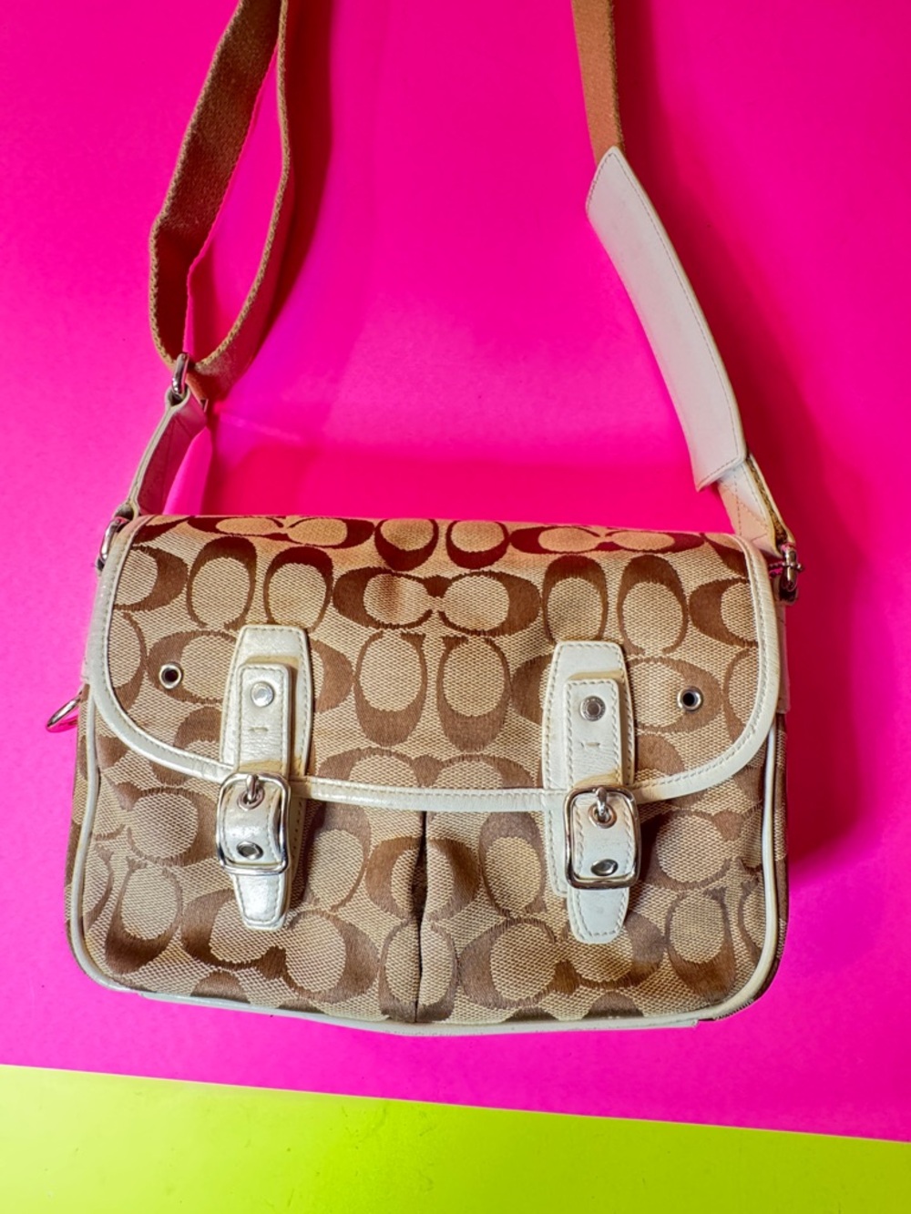 Coach Brown Signature Canvas Crossbody with Cream Trim